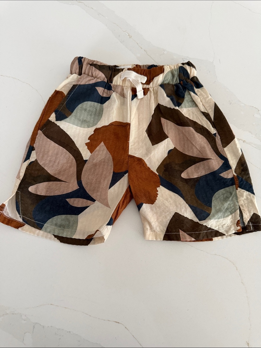 Zara Cream Shorts with Brown, Navy, Green & Tan Leaf Print